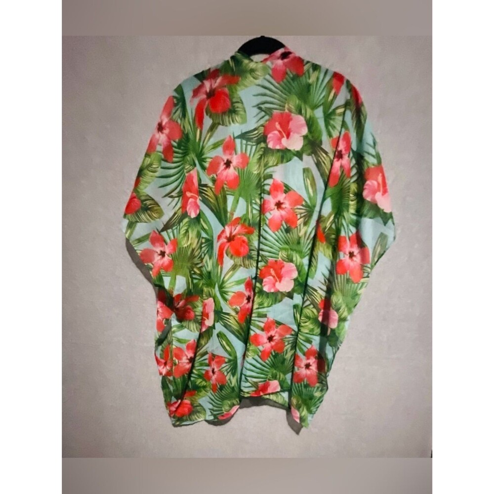 Tropical Floral Kimono Cardigan One Sz Hibiscus Palm Leaf Sheer Resortwear Blue - Picture 2 of 8